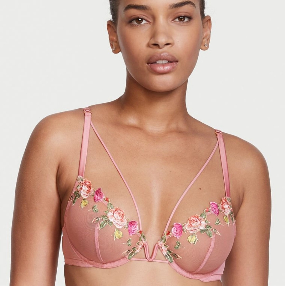 🆕️VS VERY SEXY Unlined Mesh Rose Pink Embroidered Roses🌹 Demi Bra Size 34D